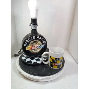VINTAGE 1998 NASCAR Racing Lamp Tire Desk Lamp, and NASCAR Mug. No Lamp Shade